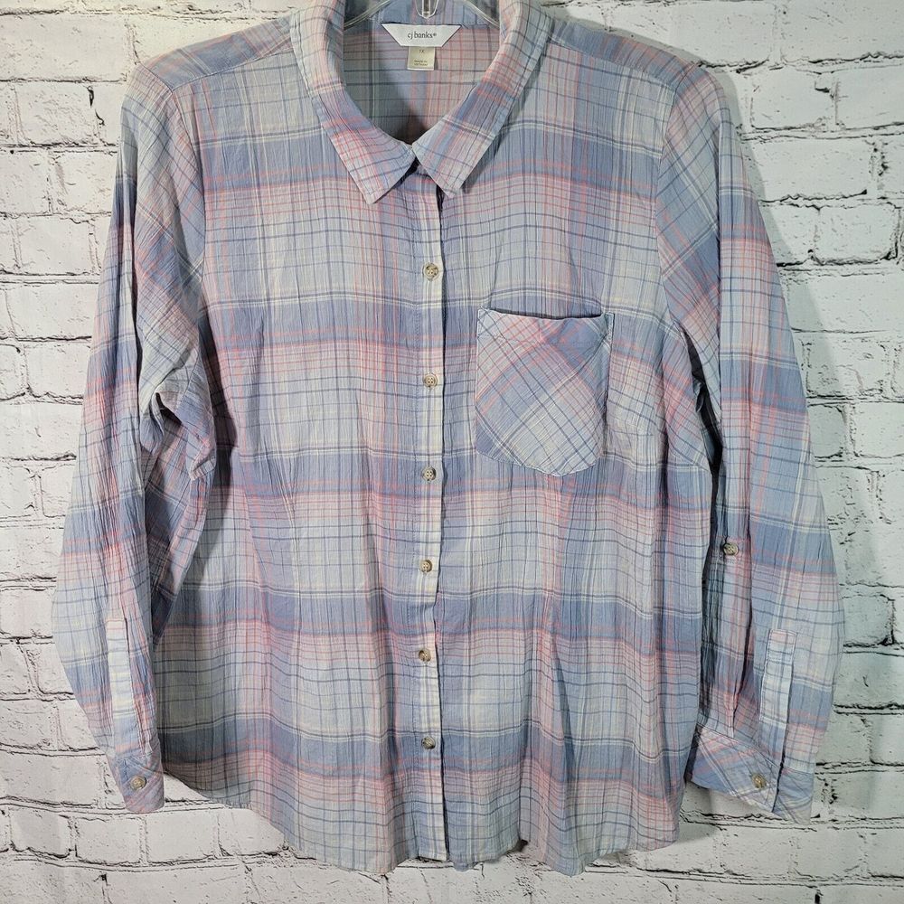 CJ Banks Plaid Button Up Shirt Womens 1X Blue Pink Excellent Roll Tab Cotton‎